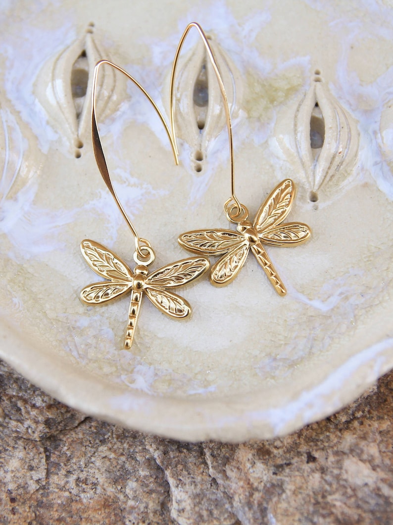 Gold Dragonfly Dangly Insect Earrings Bug Earrings Gift for Nature Lovers