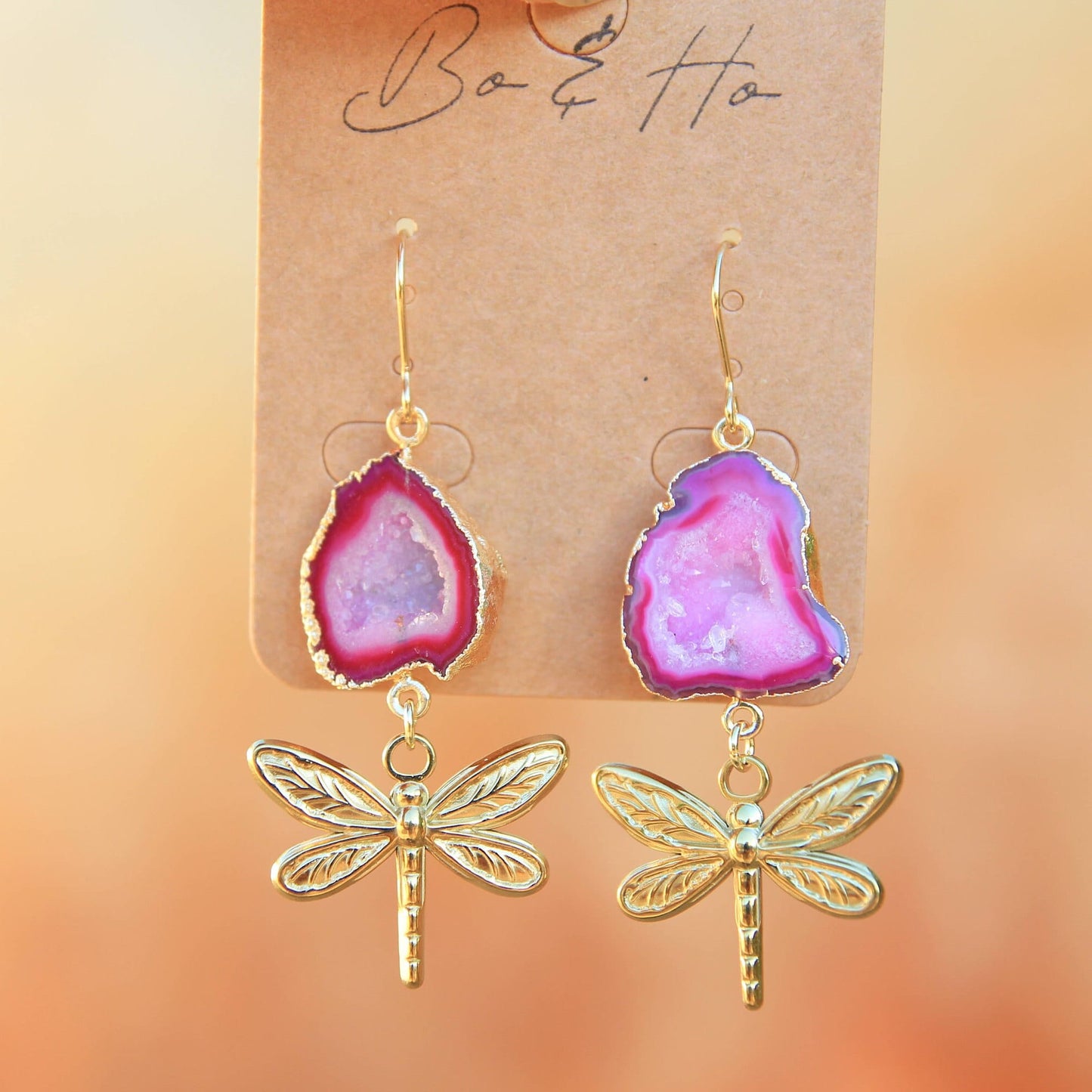 Pink Agate Geode Golden Dragonfly Earrings