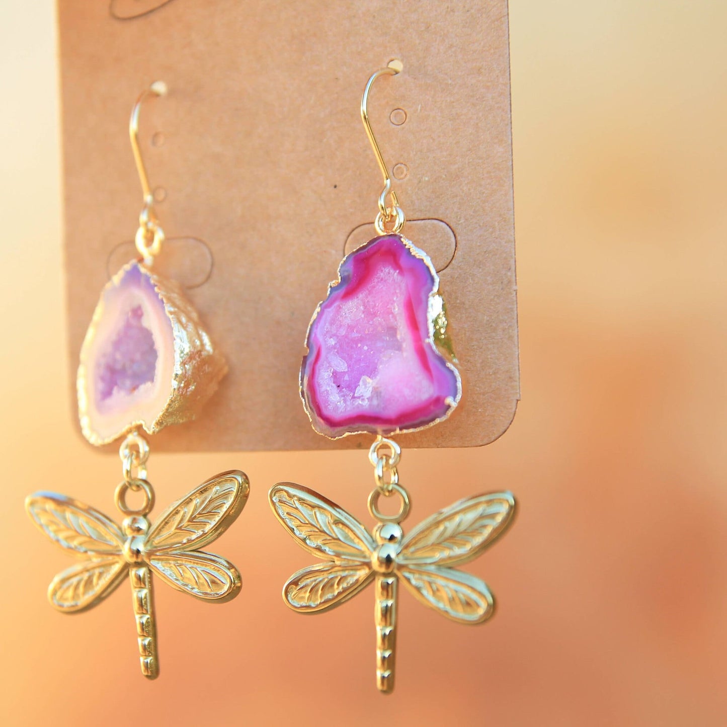 Pink Agate Geode Golden Dragonfly Earrings
