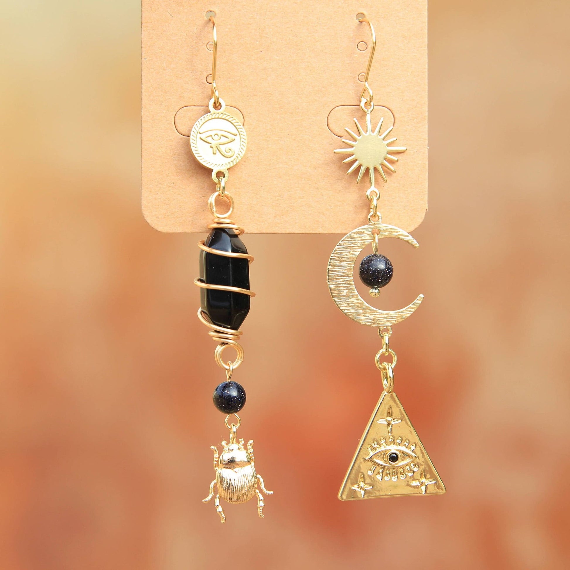 Asymmetric Gold Black Obsidian Gemstone Earrings with Suns, Moons, Eyes, Beetle