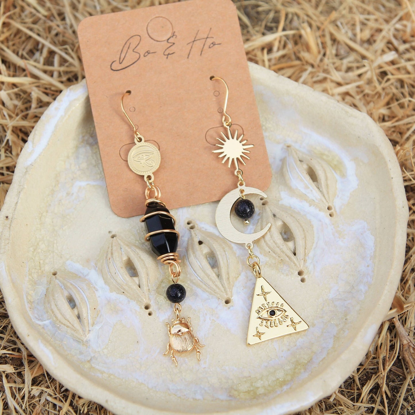 Asymmetric Gold Black Obsidian Gemstone Earrings with Suns, Moons, Eyes, Beetle