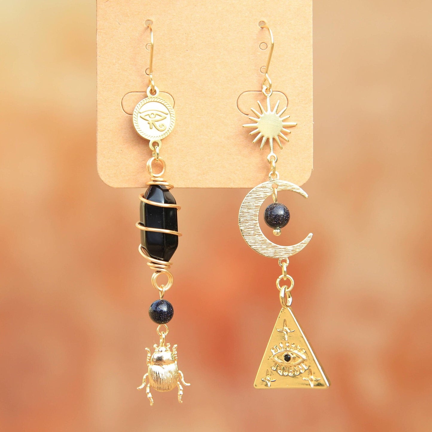 Asymmetric Gold Black Obsidian Gemstone Earrings with Suns, Moons, Eyes, Beetle