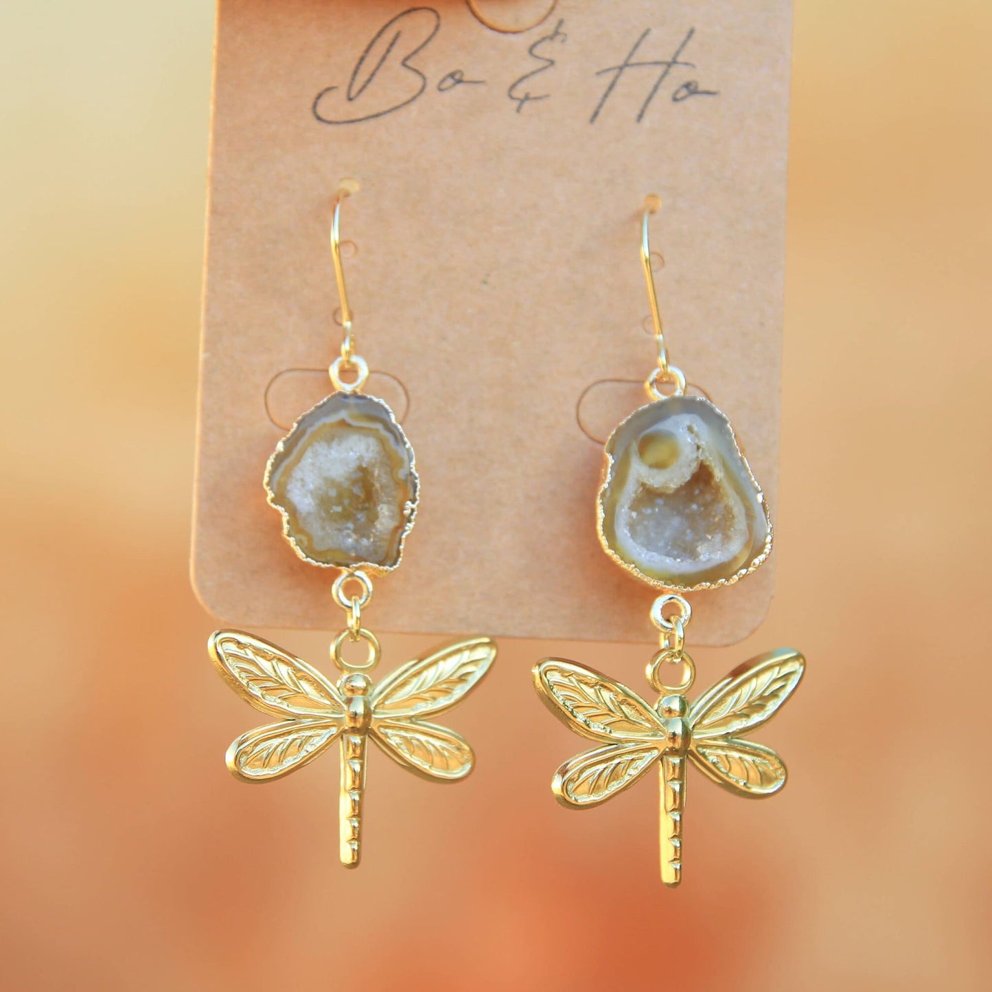 Natural Agate Geode Golden Dragonfly Earrings