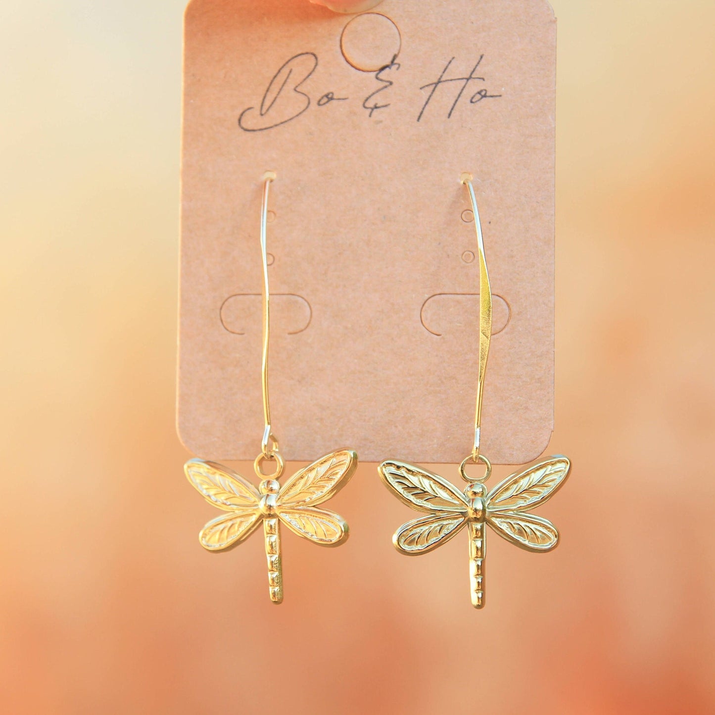 Gold Dragonfly Earrings on Long Earwires