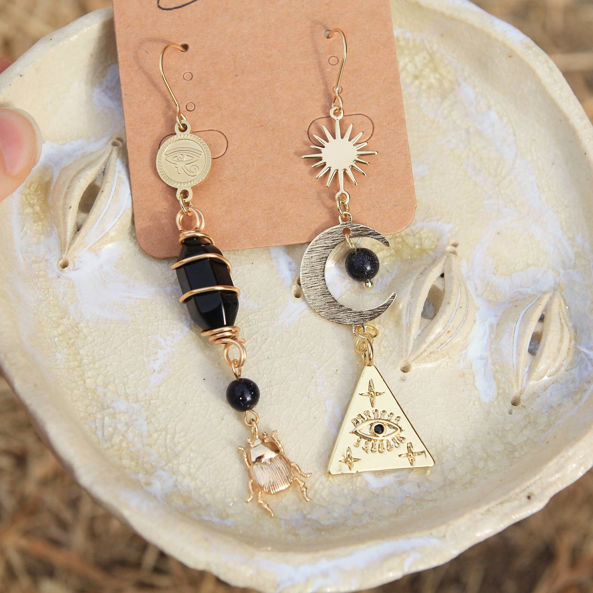 Asymmetric Gold Black Obsidian Gemstone Earrings with Suns, Moons, Eyes, Beetle