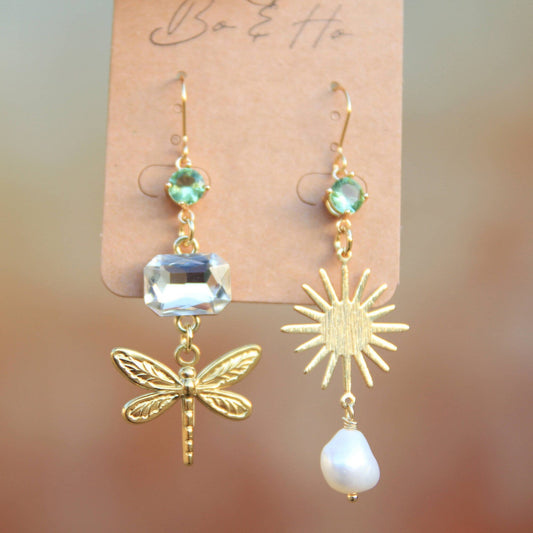 Asymmetric Gold Dragonfly Earrings with Pearl