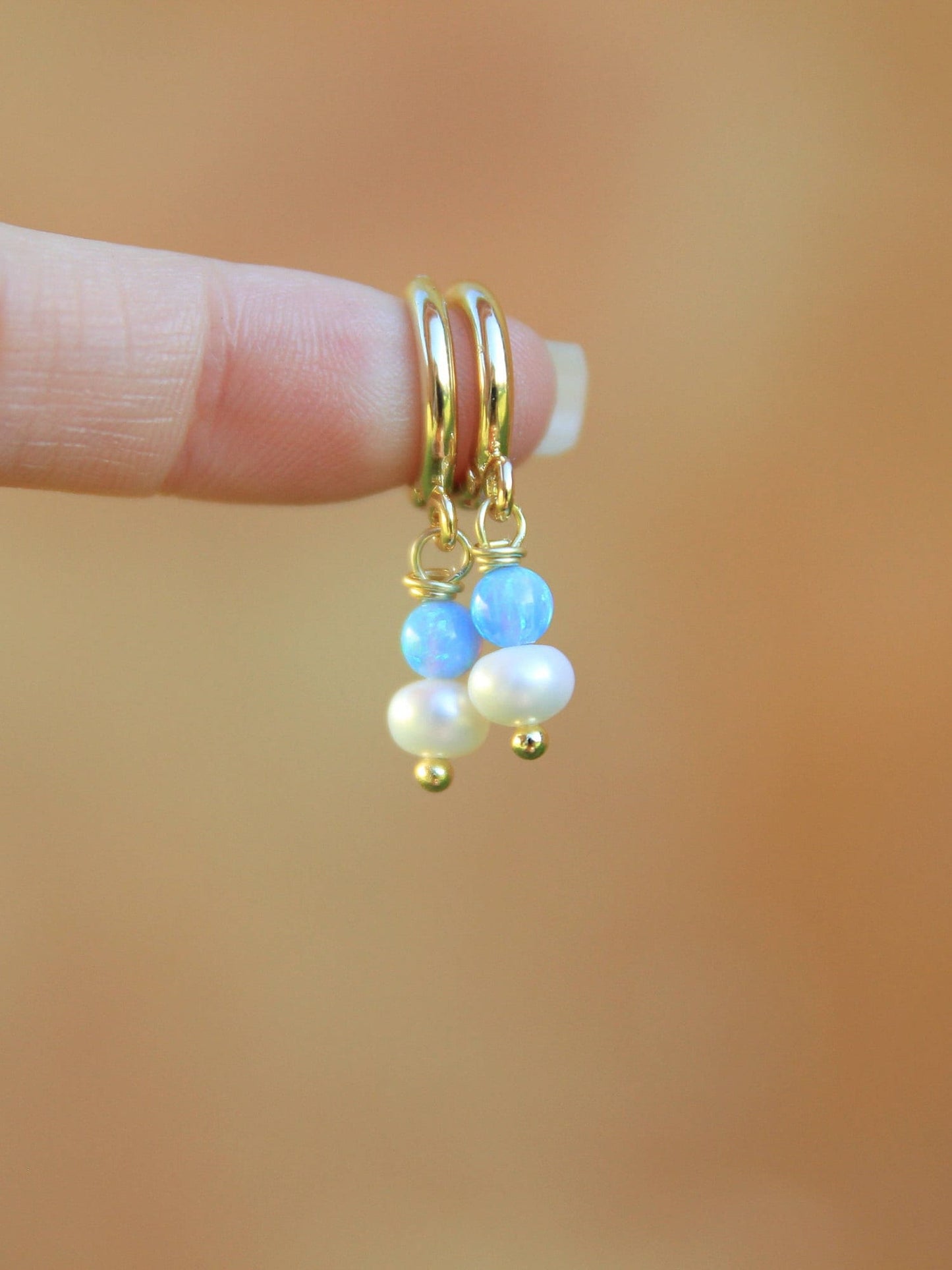 Gold Opal and Pearl Huggie Earrings