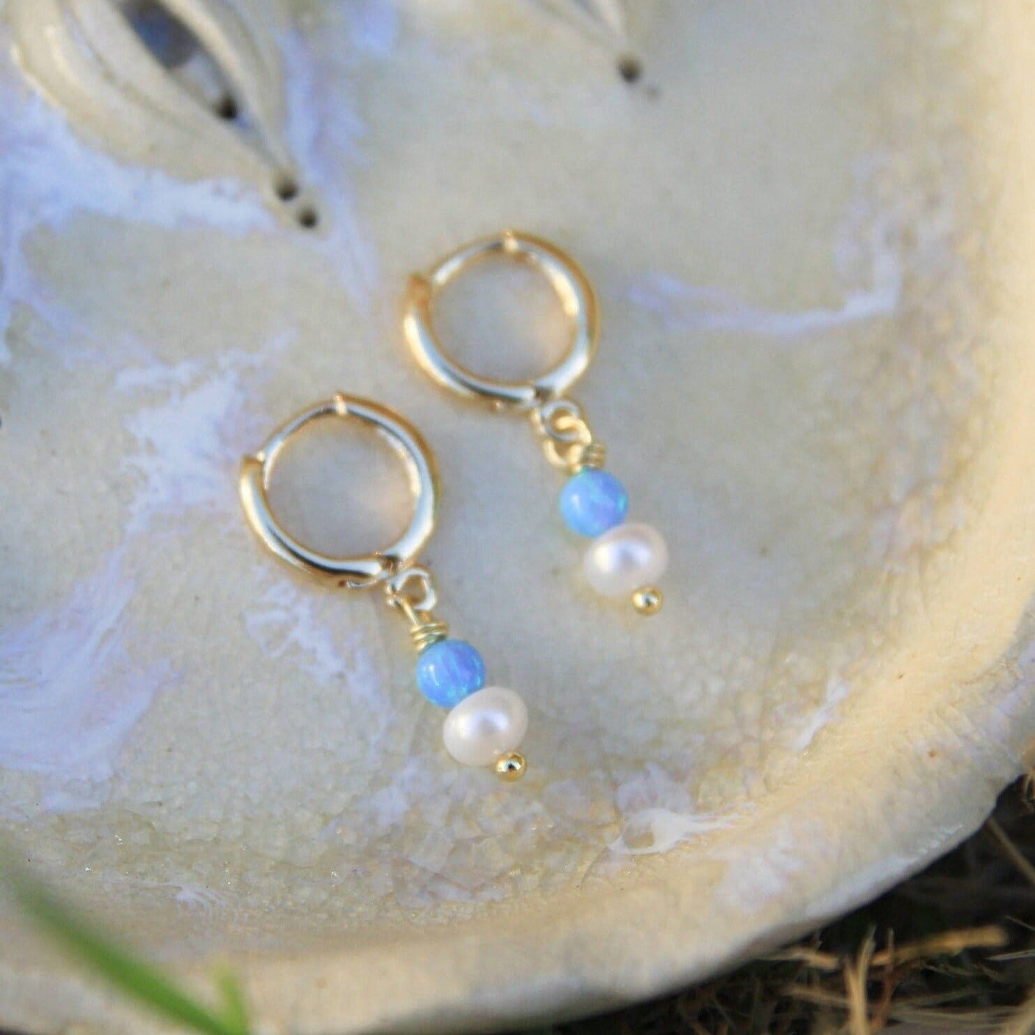 Gold Opal and Pearl Huggie Earrings