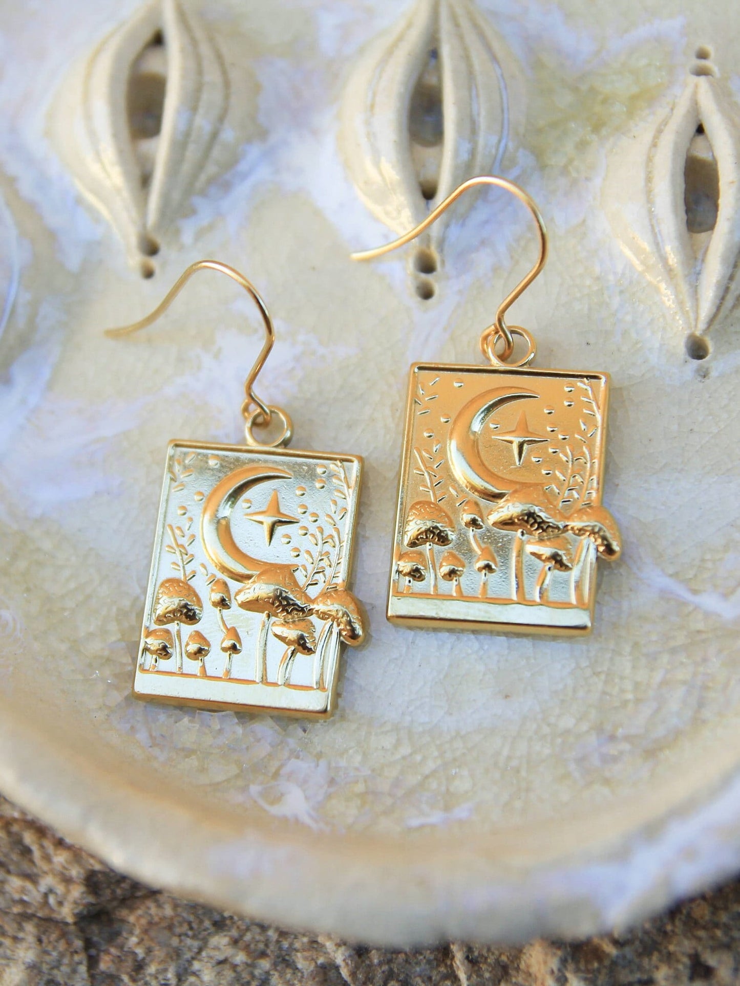 Gold Mushroom and Moon Earrings