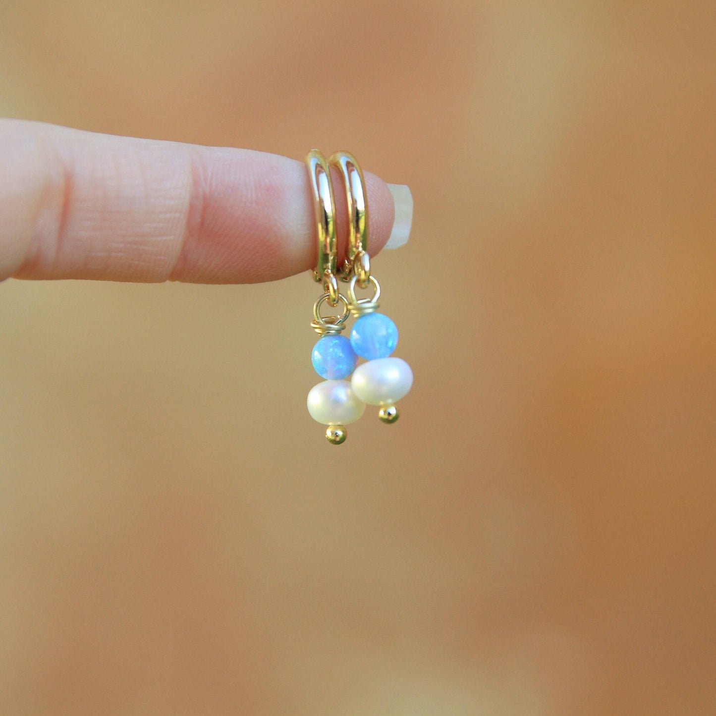 Gold Opal and Pearl Huggie Earrings