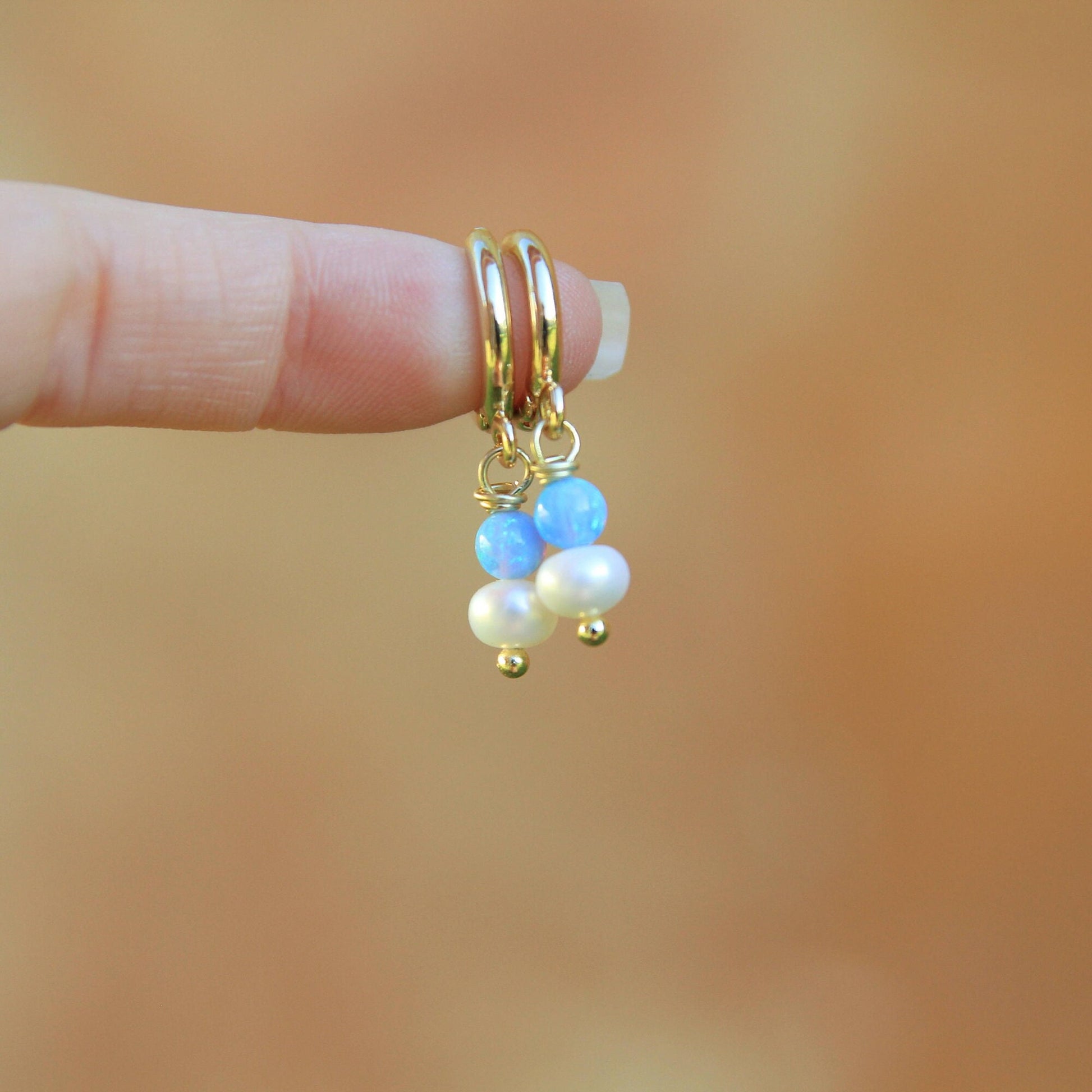 Gold Opal and Pearl Huggie Earrings