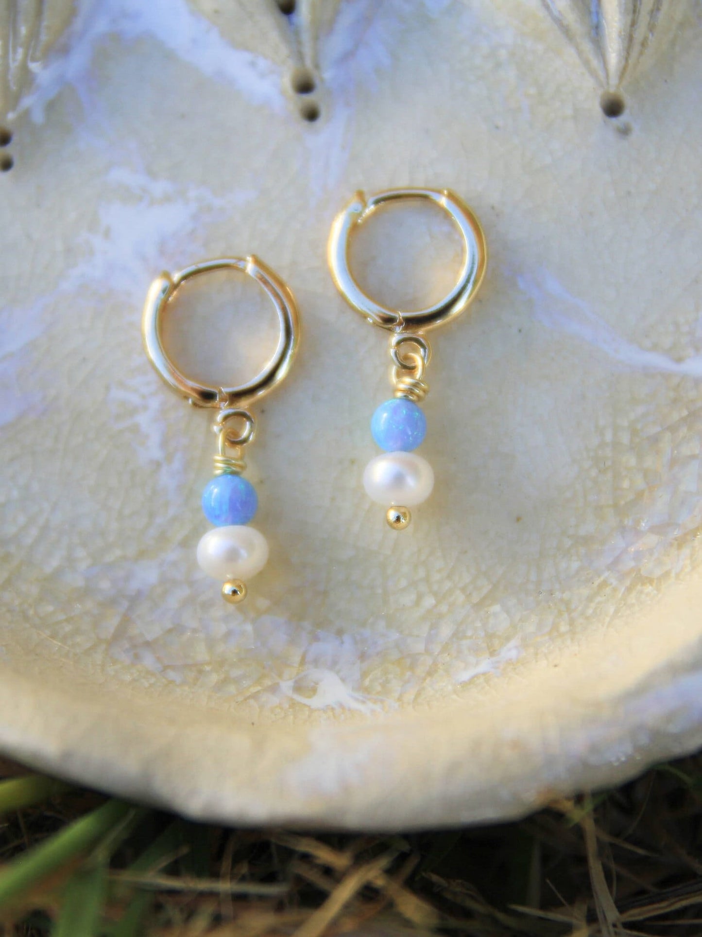 Gold Opal and Pearl Huggie Earrings