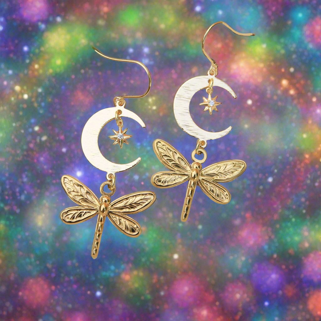 Gold Celestial Dragonfly Earrings