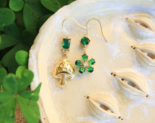 Emerald Green Gold Mushroom and Flower Earrings