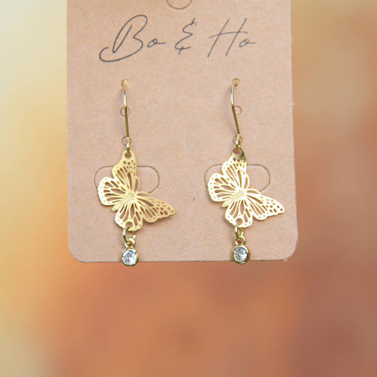 Gold Butterfly Earrings with Cubic Zirconia Crystal