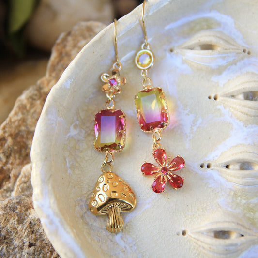 Asymmetric Gold Mushroom and Pink Flower Earrings