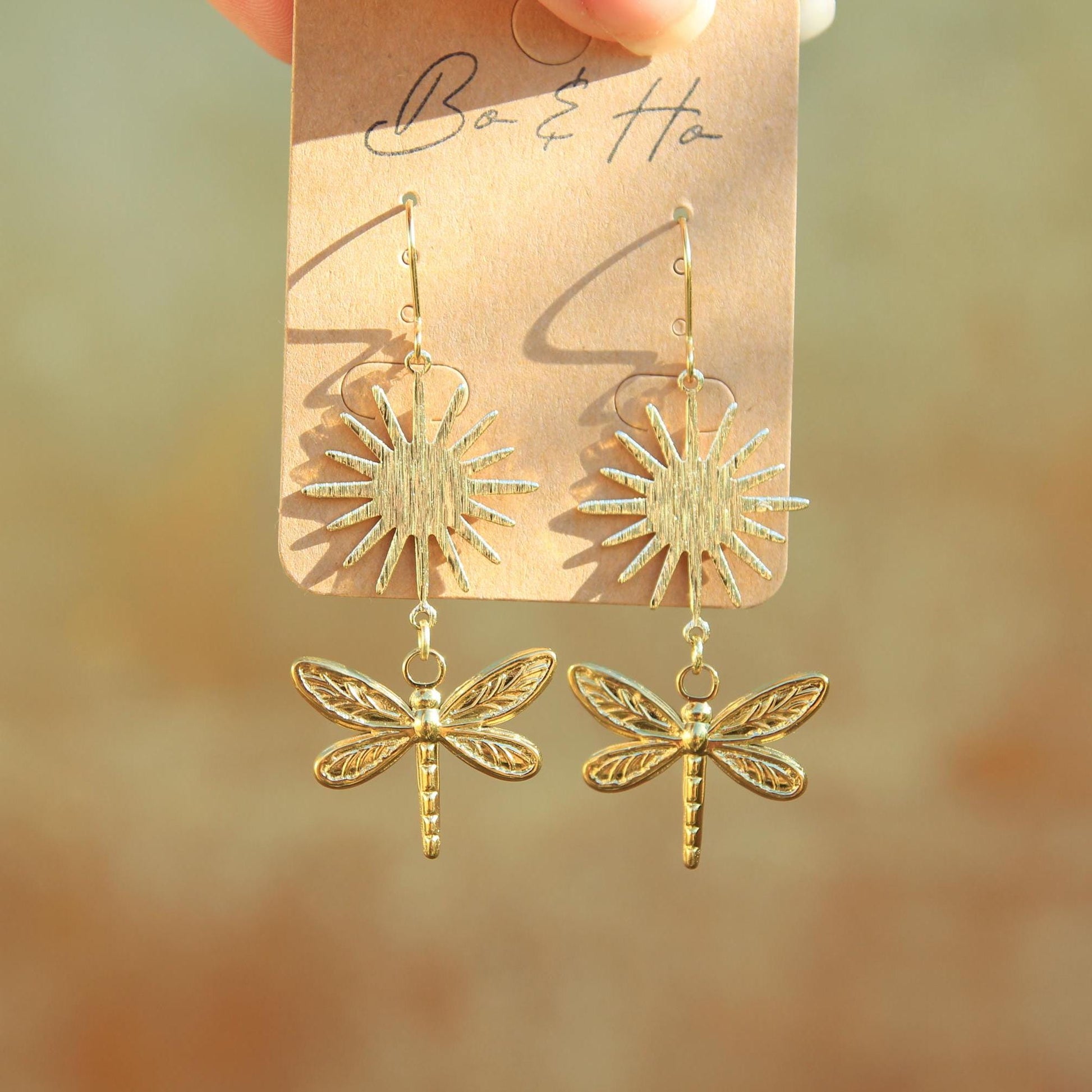 Gold Sun Dragonfly Earrings