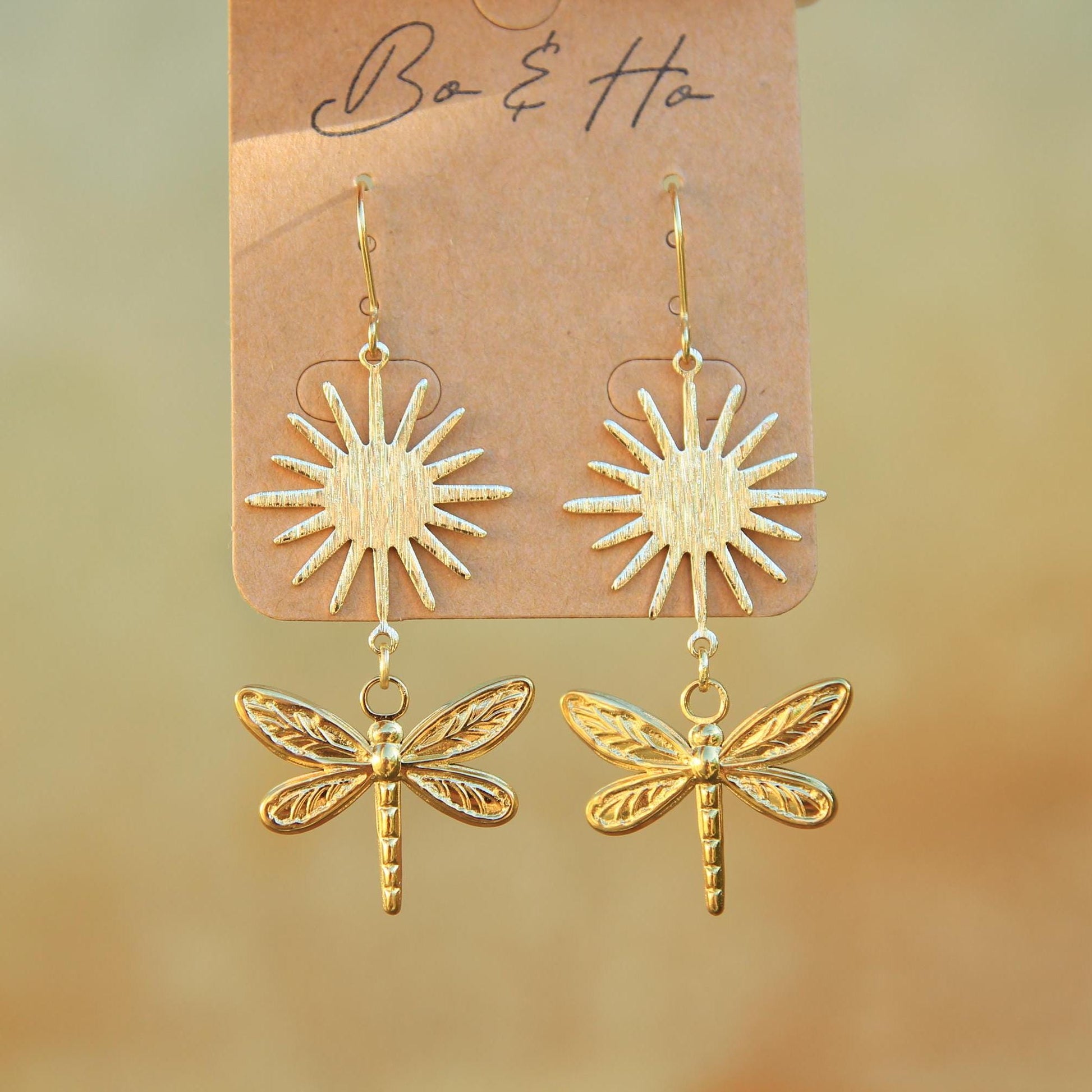 Gold Sun Dragonfly Earrings