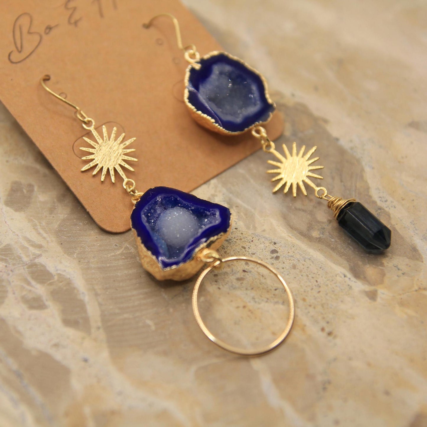 Blue Geode Gold Sun and Quartz Earrings