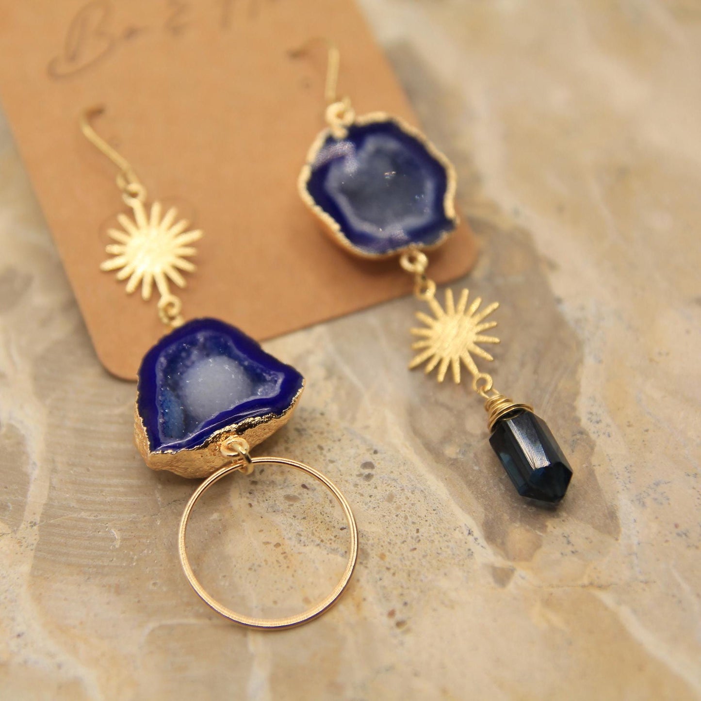 Blue Geode Gold Sun and Quartz Earrings