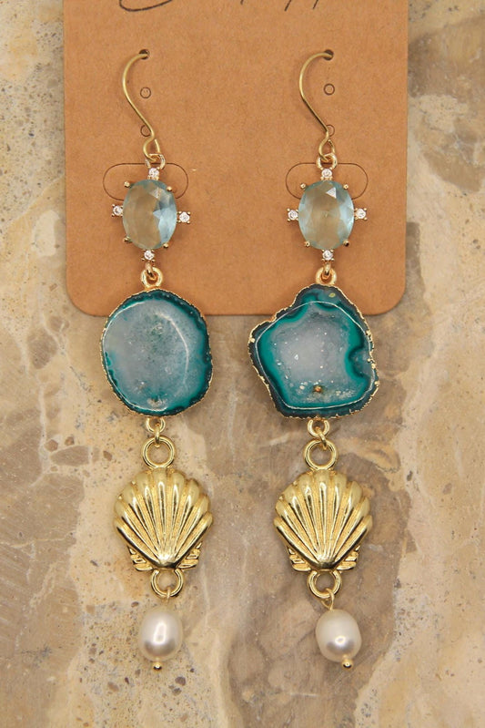 Geode Shell Earrings with Genuine Pearls