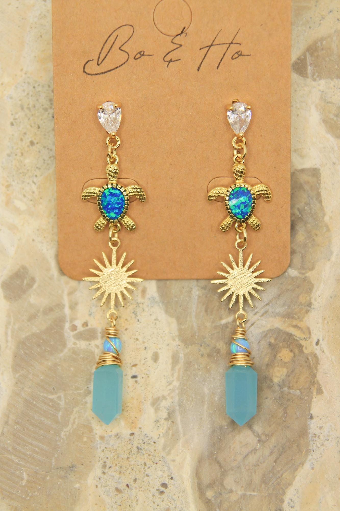 Blue Opal Turtle Earrings