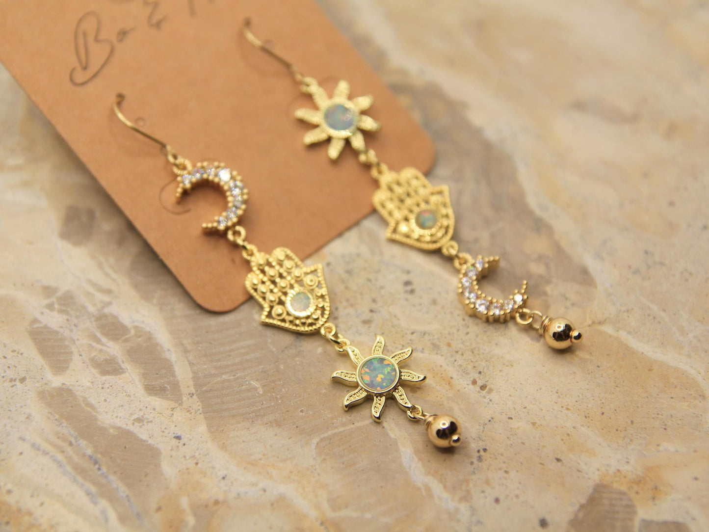 Gold Hamsa Hand Opal Sun & Moon Earrings