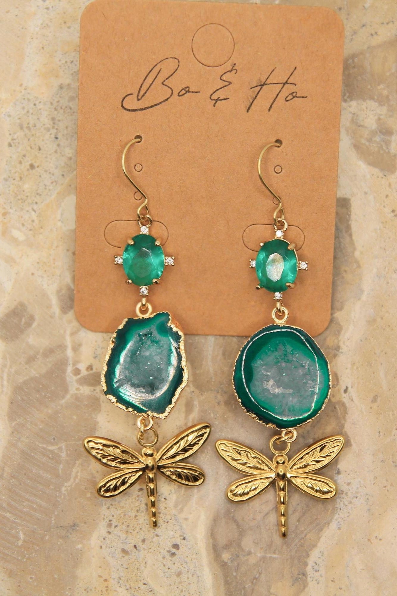 Geode Statement Dragonfly Earrings Gold