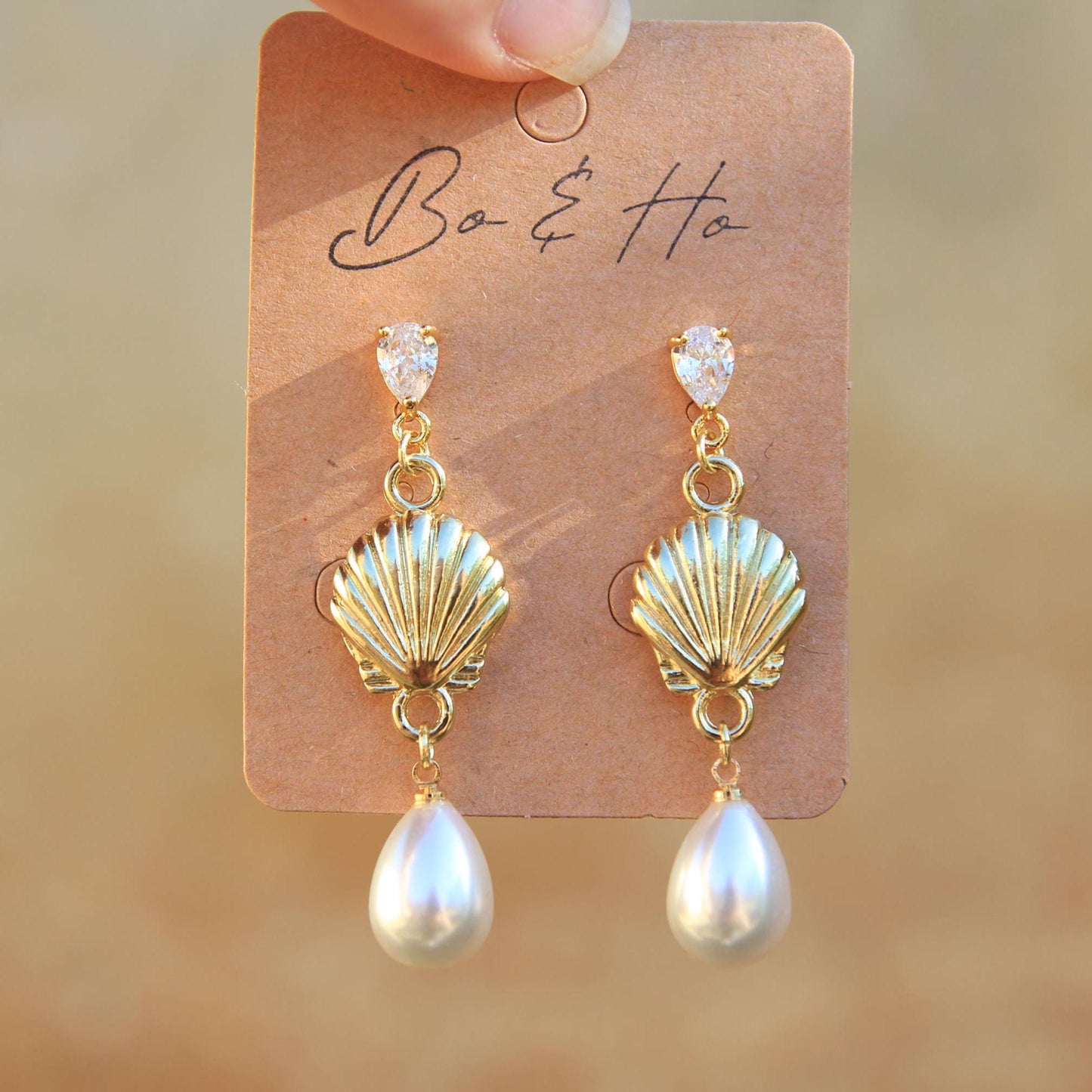 Dangly Gold Shell Pearl Earrings