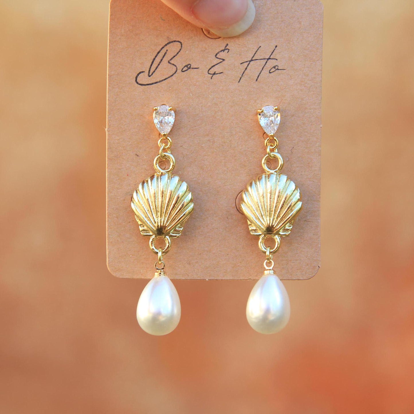 Dangly Gold Shell Pearl Earrings