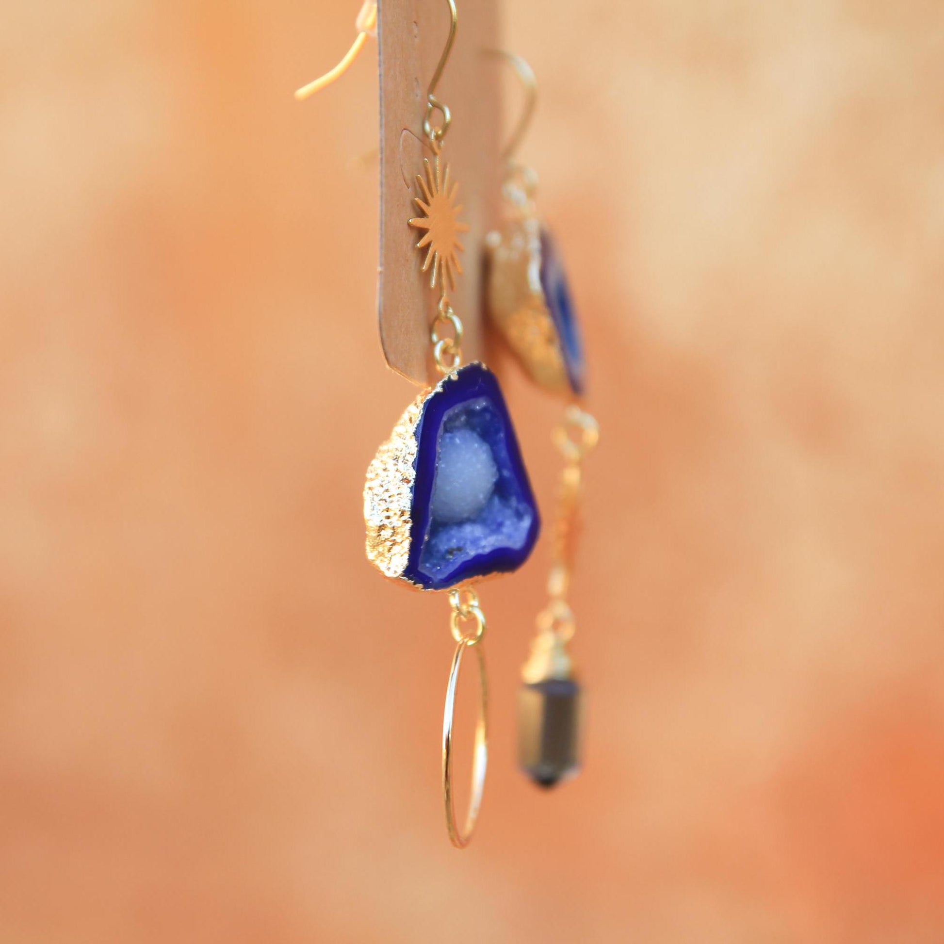 Blue Geode Gold Sun and Quartz Earrings