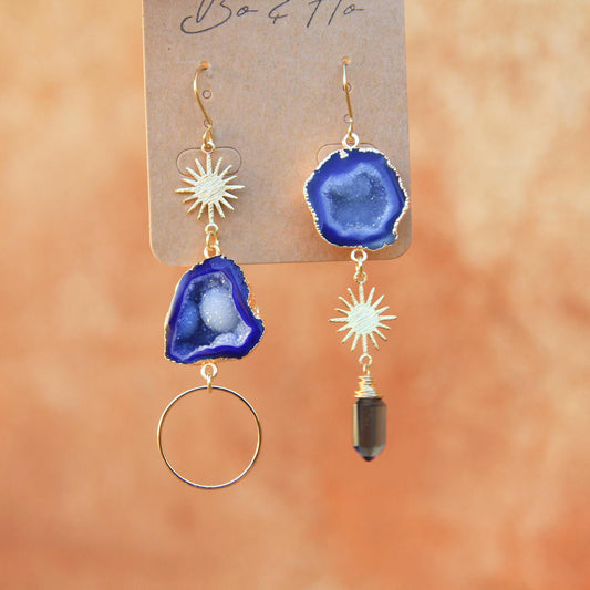 Blue Geode Gold Sun and Quartz Earrings