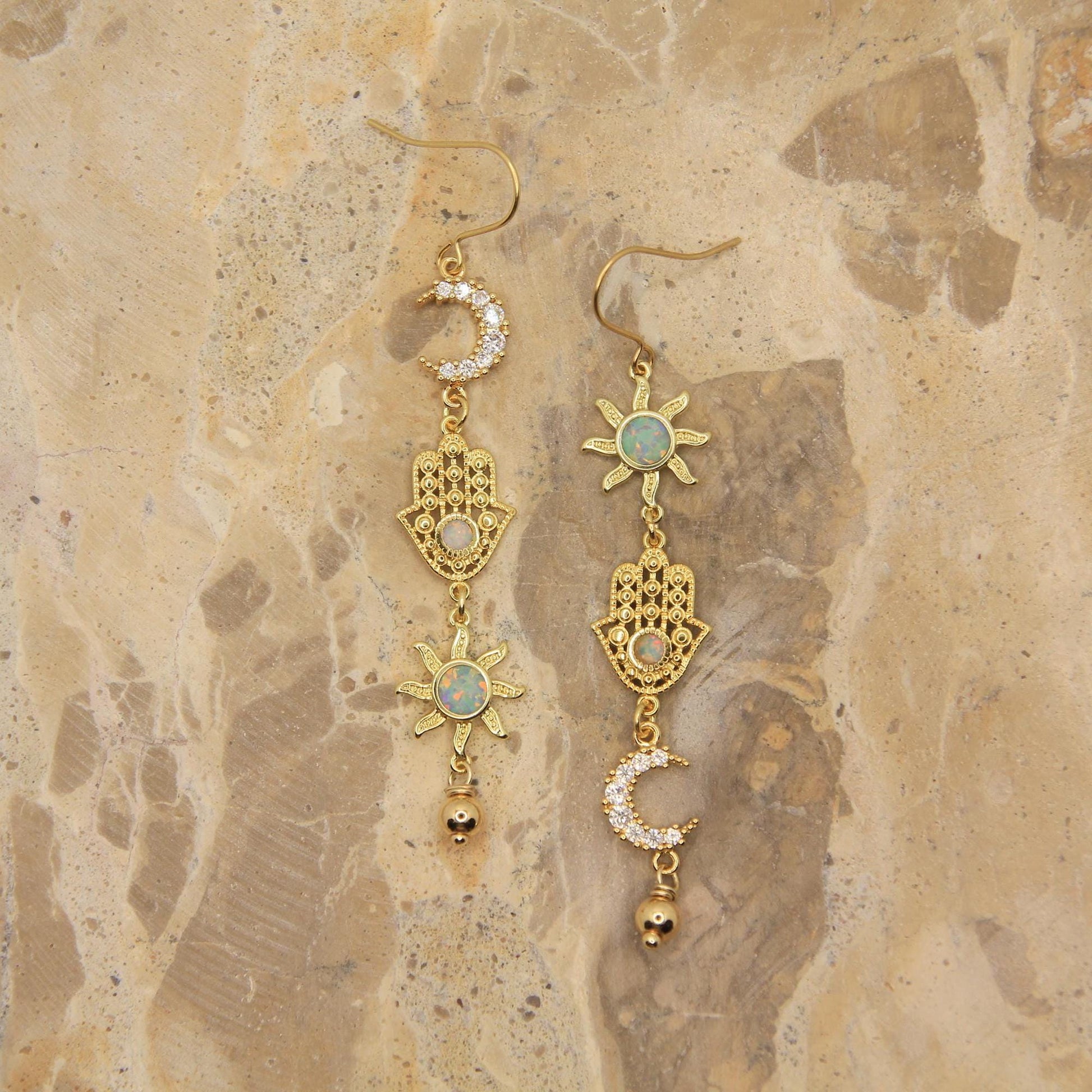 Gold Hamsa Hand Opal Sun & Moon Earrings