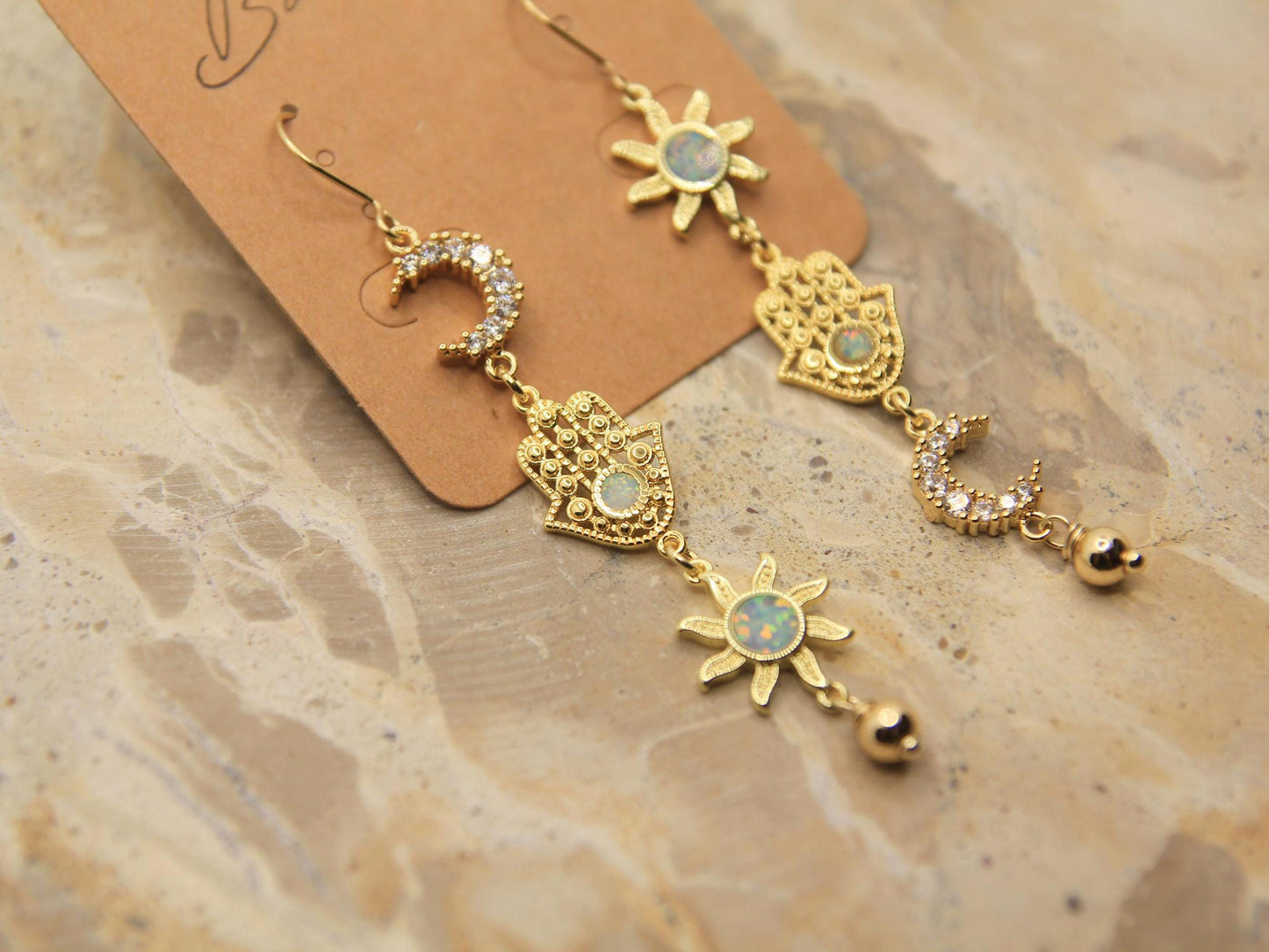 Gold Hamsa Hand Opal Sun & Moon Earrings