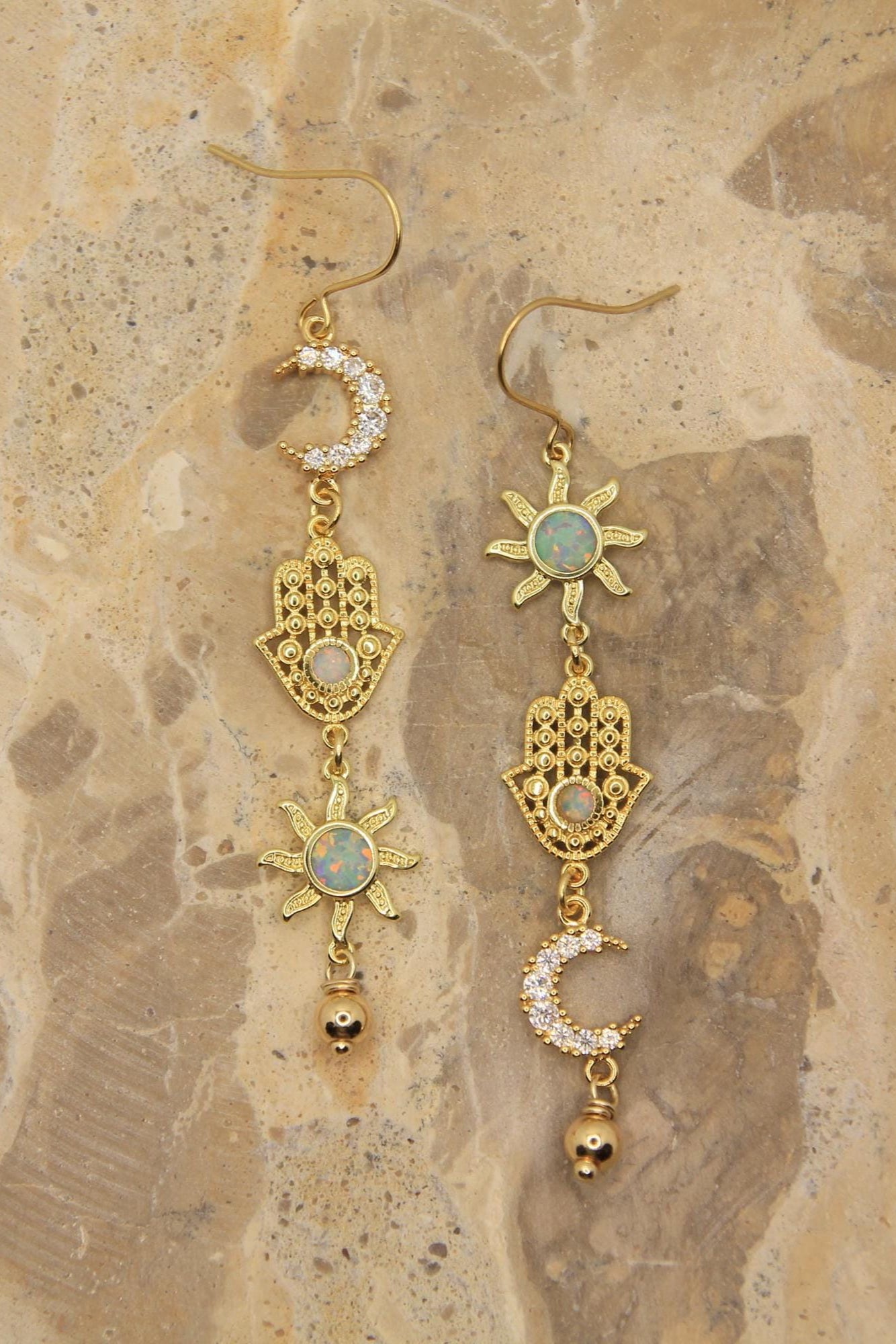 Gold Hamsa Hand Opal Sun & Moon Earrings