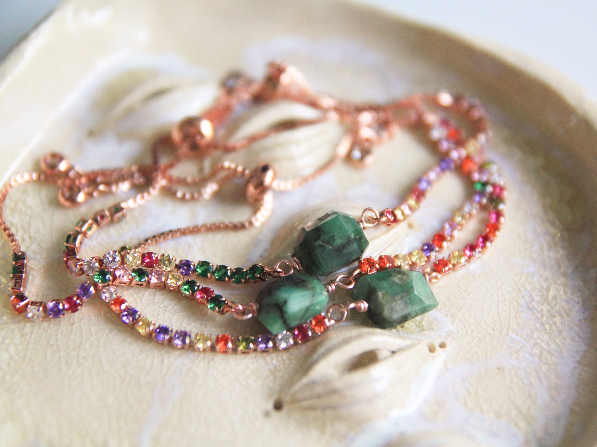 rose gold natural emerald bracelet with rainbow crystals on chain  
