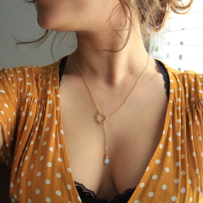 Gold Sun and moonstone lariat necklace