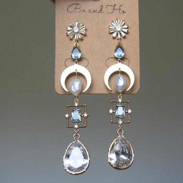 Crystal and Pearl Moon Earrings | Bridal Earrings
