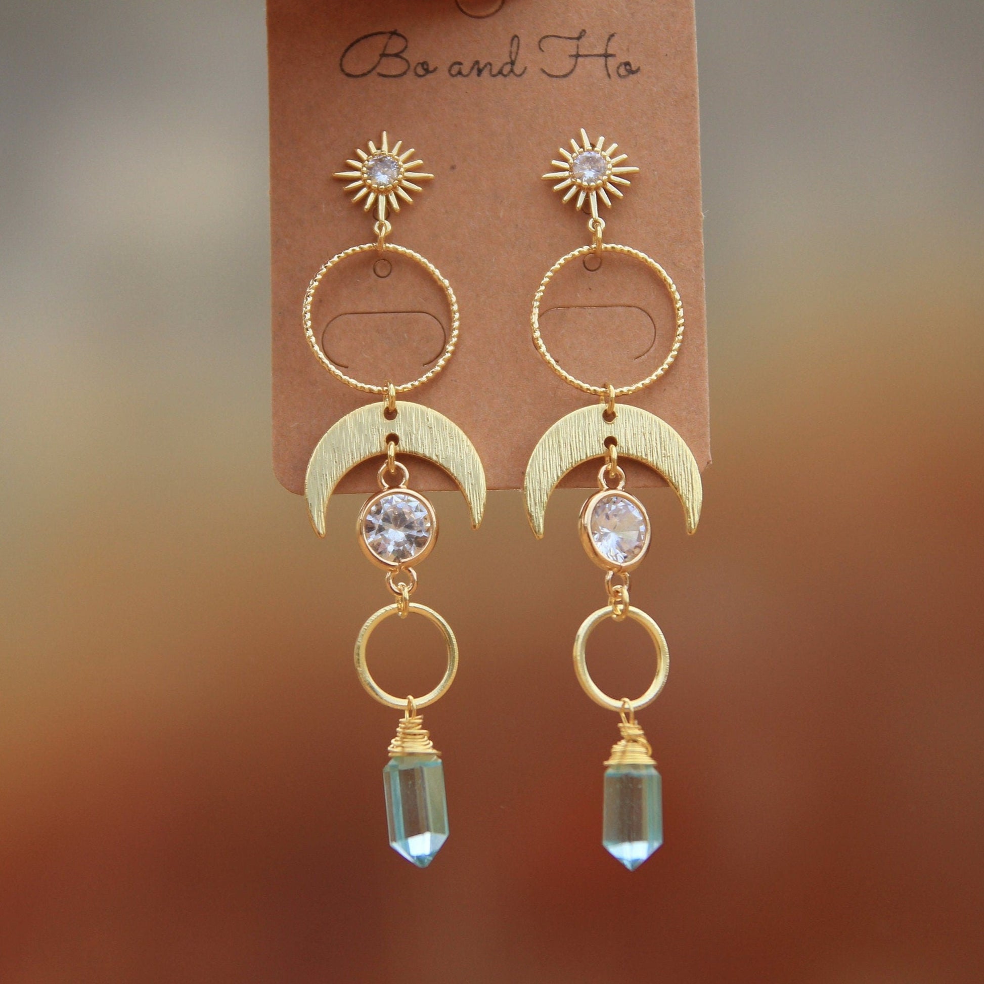 star and moon aqua crystal earrings