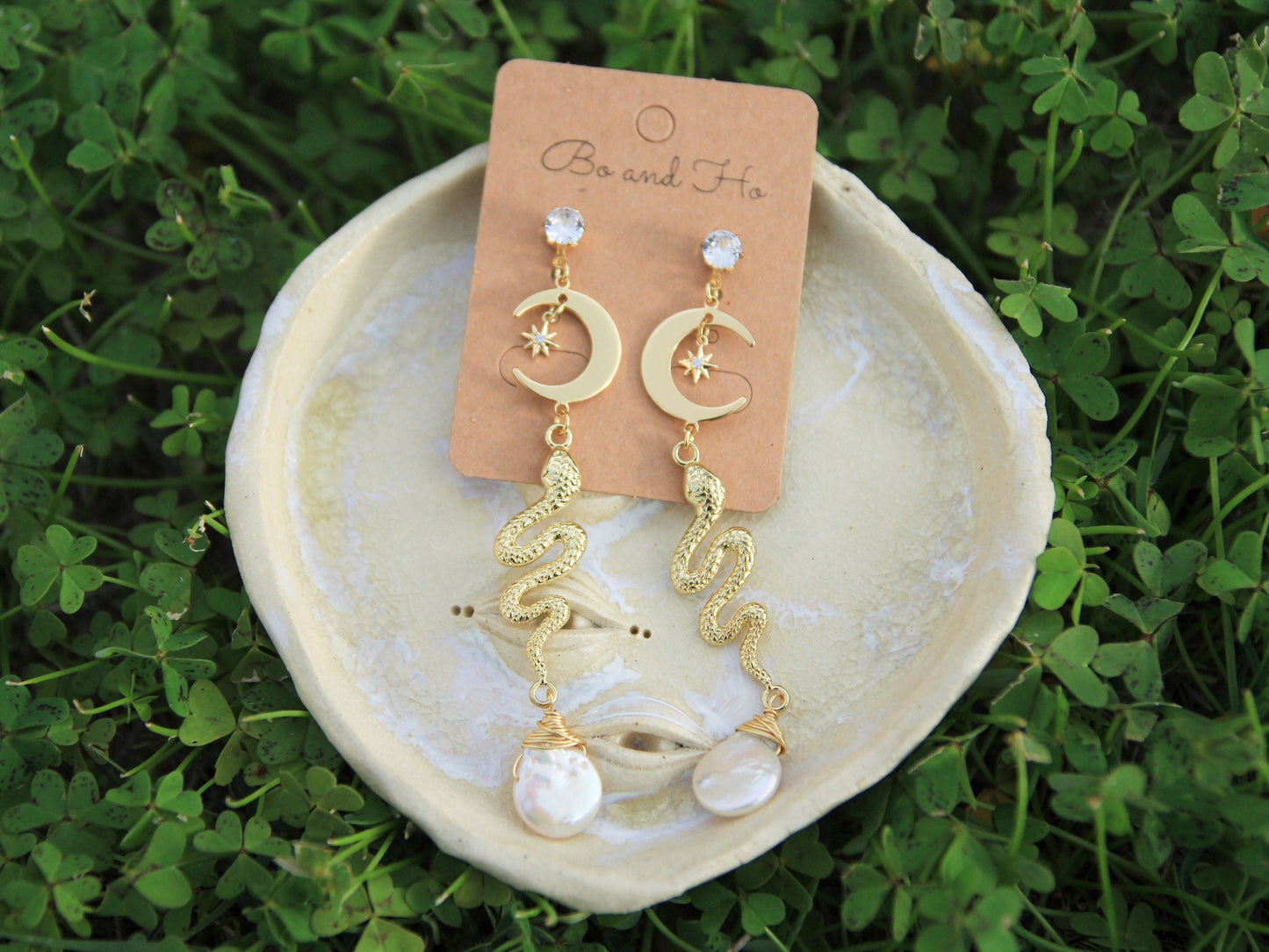 Celestial Snake Earrings with Large Genuine Pearls