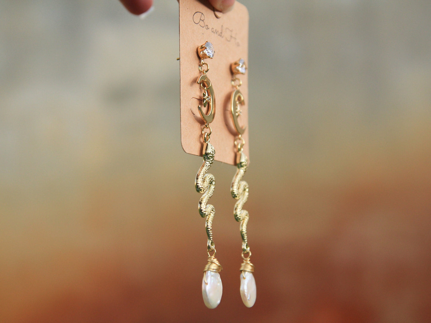 Celestial Snake Earrings with Large Genuine Pearls