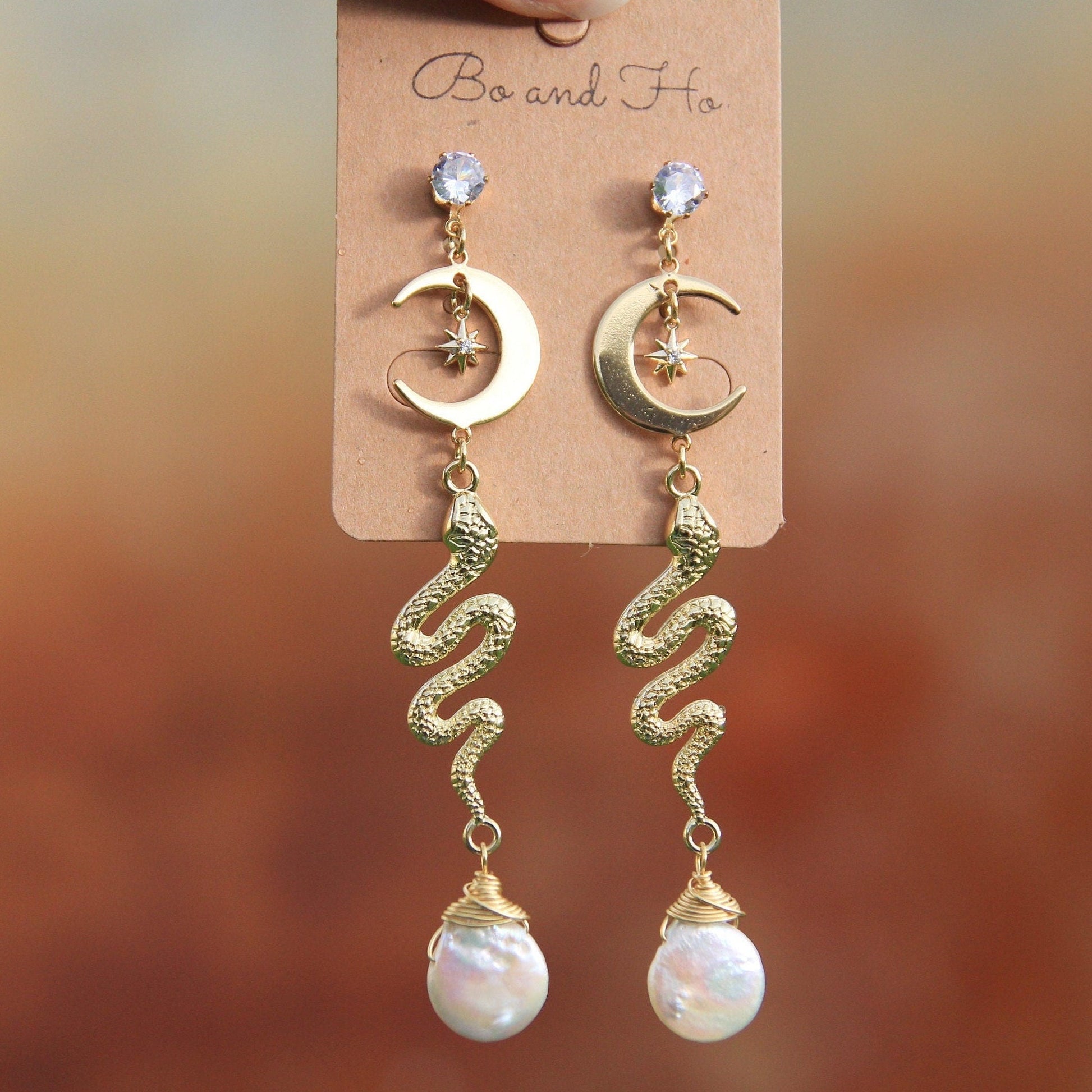 statement snake moon earrings with pearls