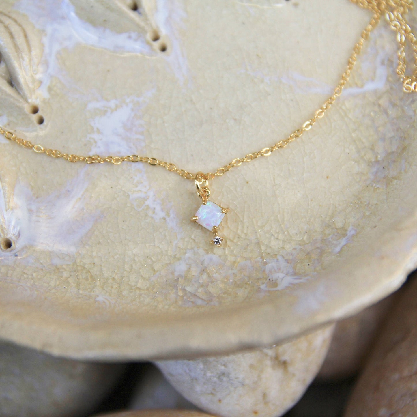 Gold Square Opal Necklace
