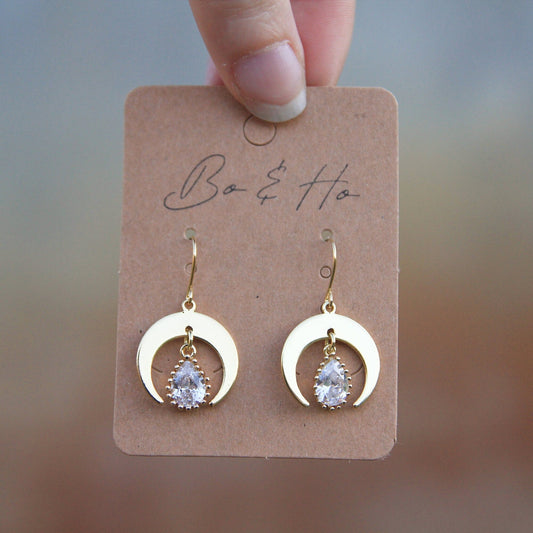 Modern Gold Cubic Zirconia Moon Earrings