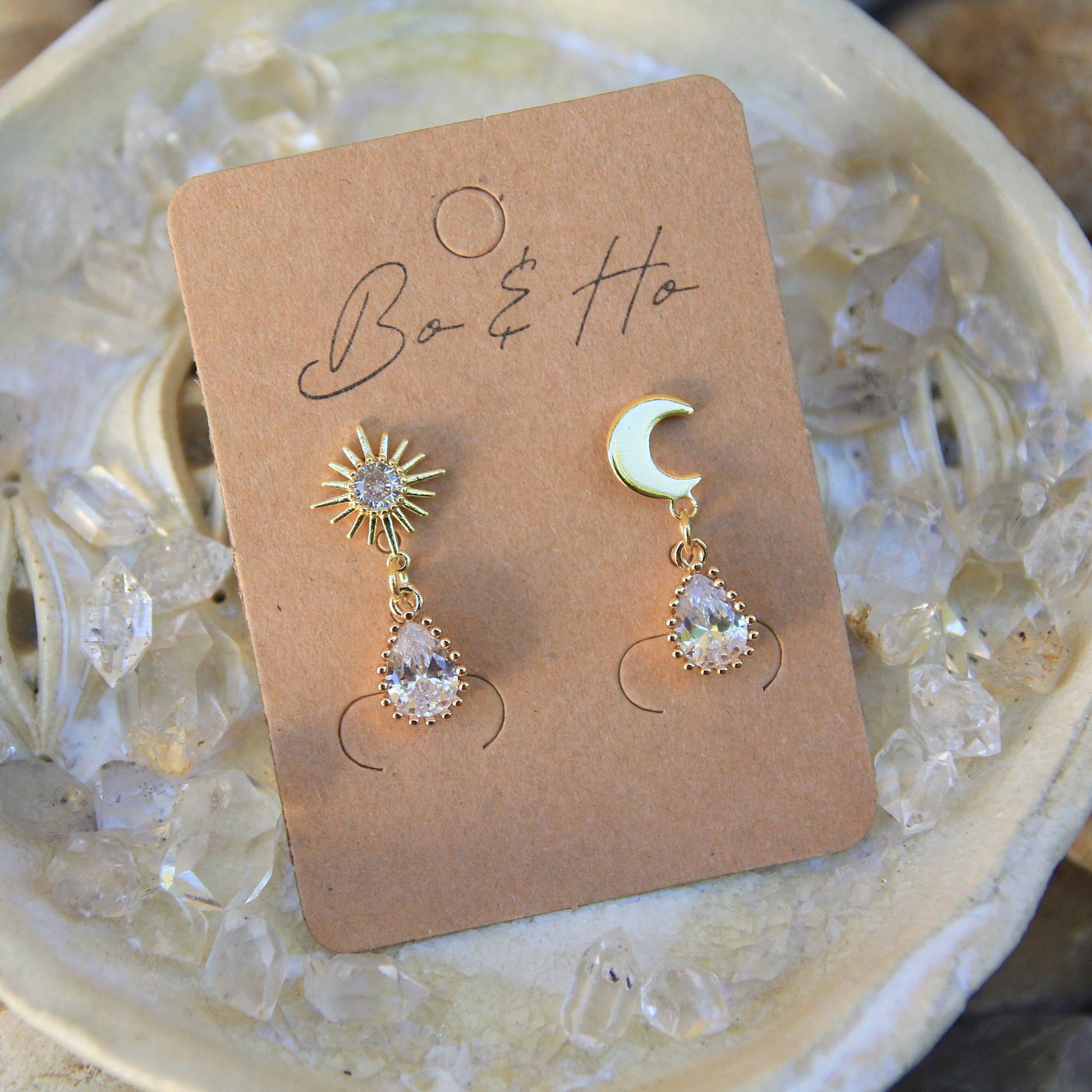 Asymmetric Star Moon Cubic Zirconia Earrings