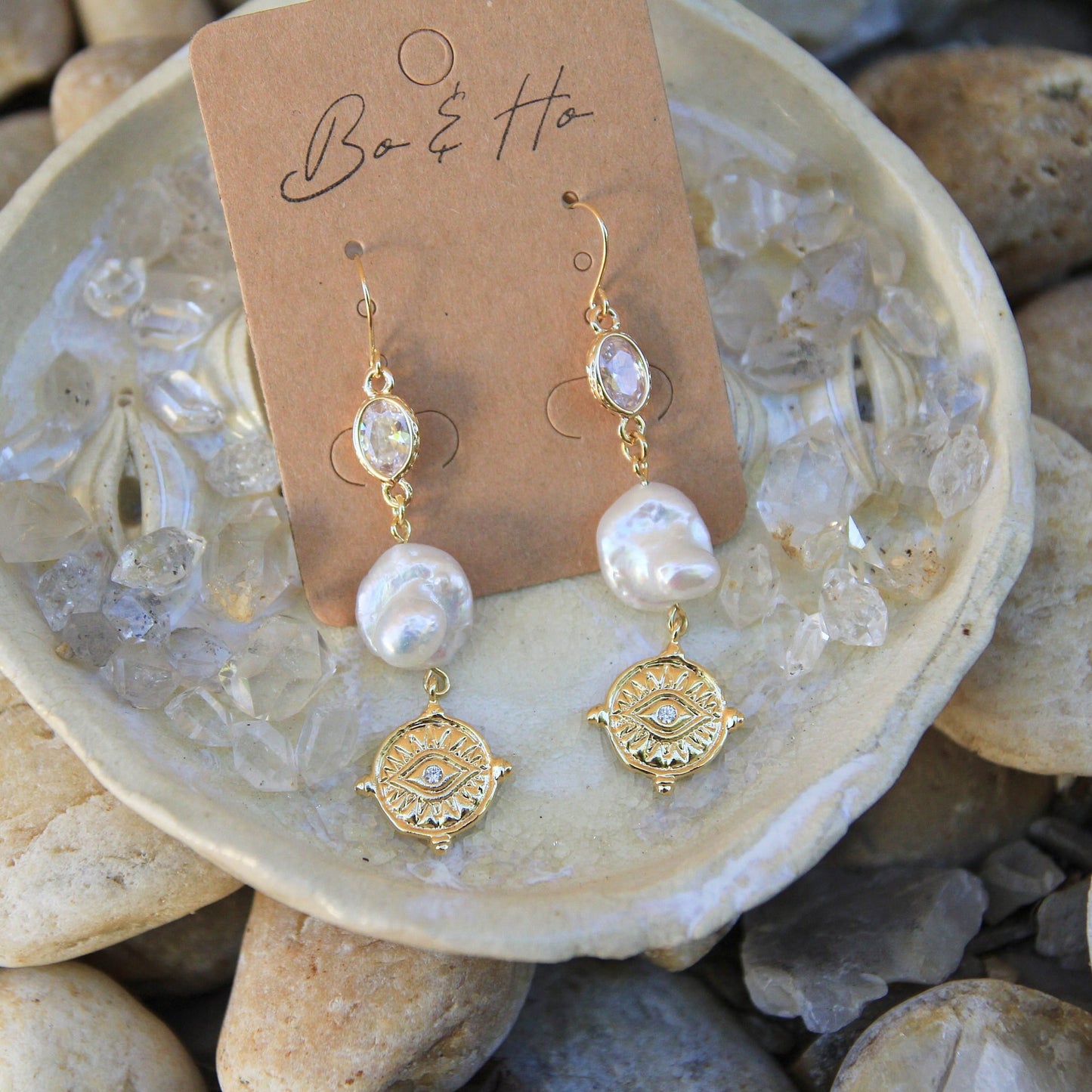 Gold Eye Coin Earrings with Large Freshwater Pearls