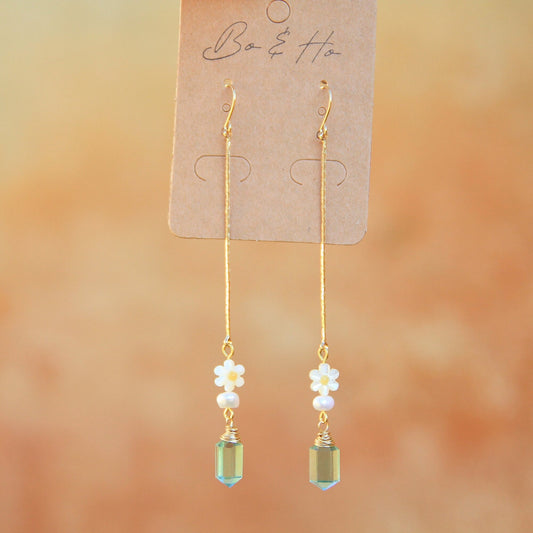 Dangly Daisy, Freshwater Pearl and Green Amethyst Crystal Point Earrings