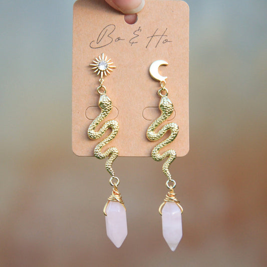 Natural Rose Quartz Snake Earrings