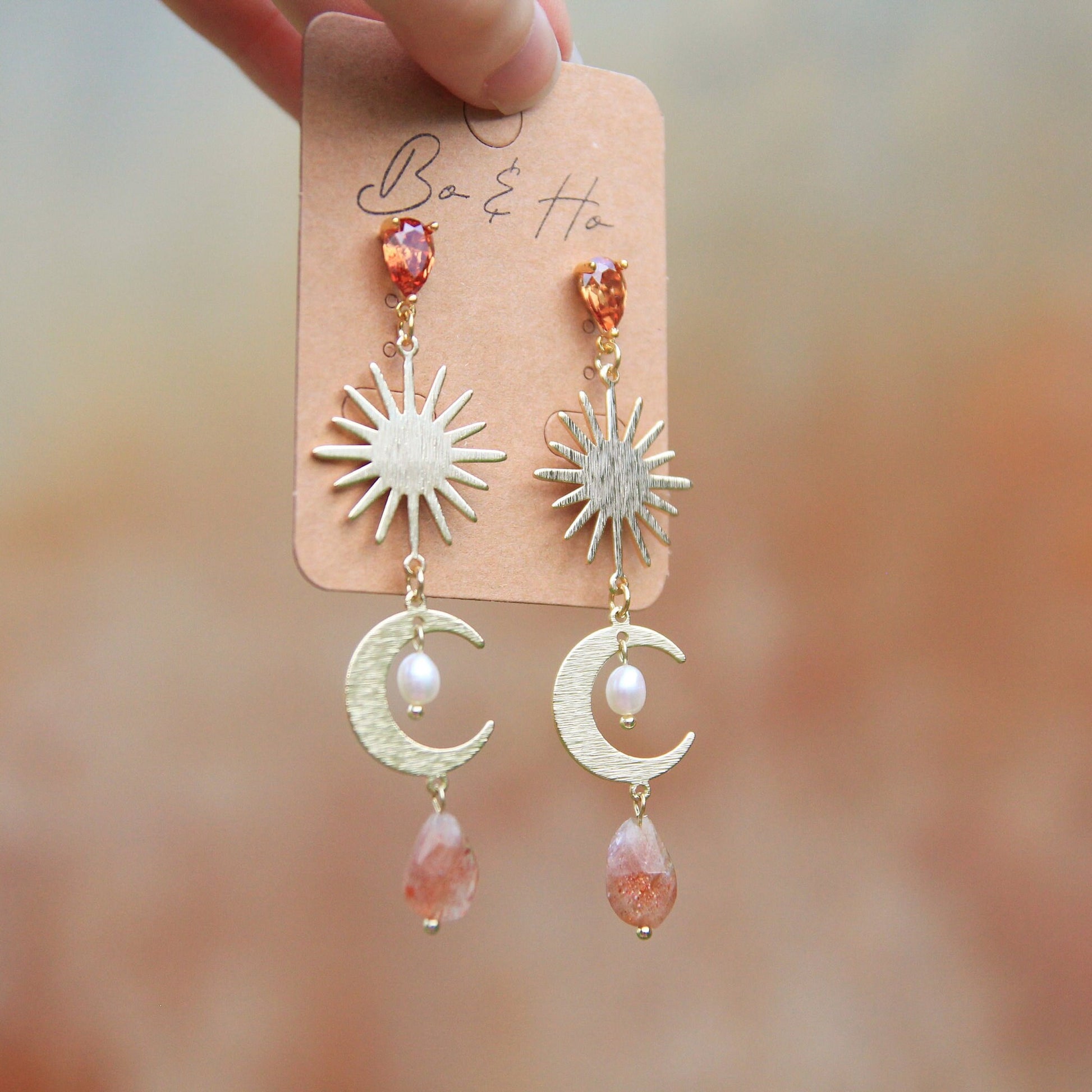 Gold Sunstone Sun & Moon Earrings with Freshwater Pearls