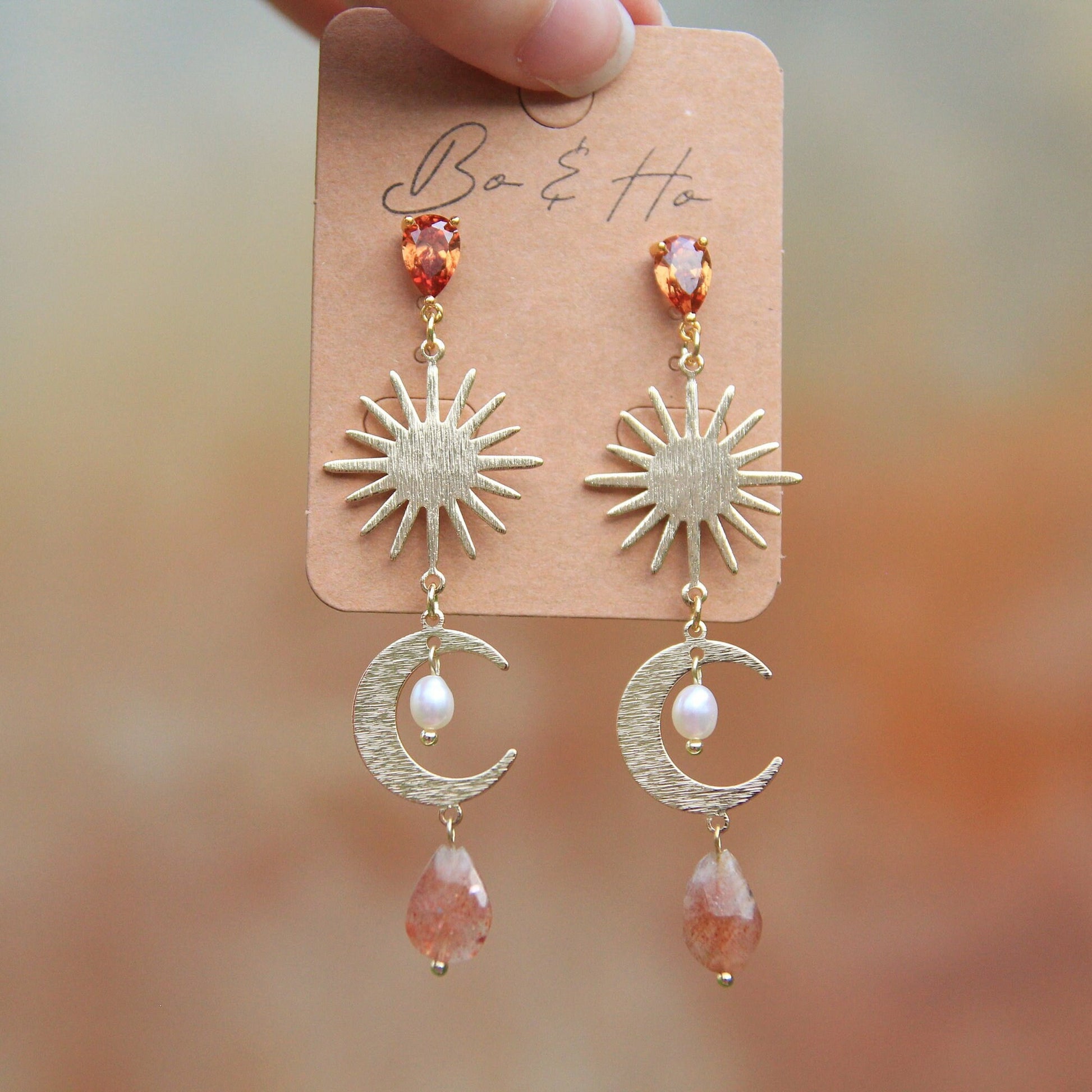 Gold Sunstone Sun & Moon Earrings with Freshwater Pearls
